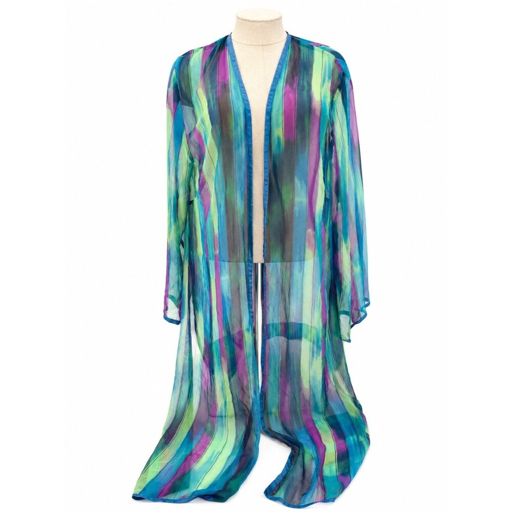 Maggie Shepherd Colorful Striped Kimono Overlay Sheer Size Large Swim Cover